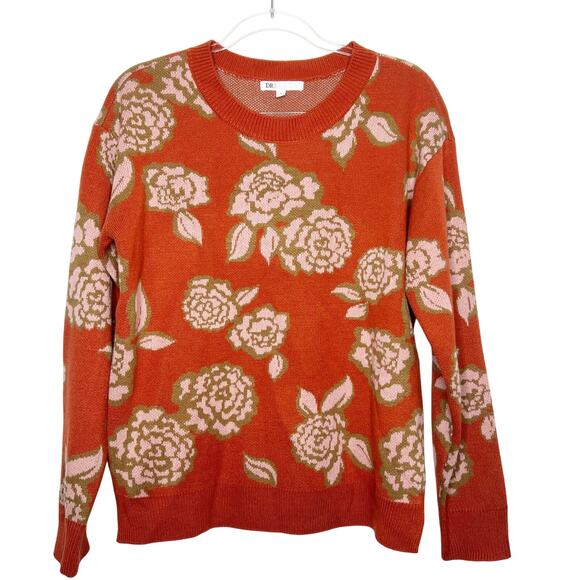 DR2 Floral Knit Crew Neck Sweater Lightweight Pullover Long Sleeve Orange Size L - Picture 8 of 8